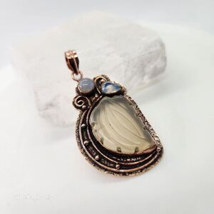 Carved Agate Leaf, Moonstone and Opalite  Copper Oxidized Pendant Jewelry
